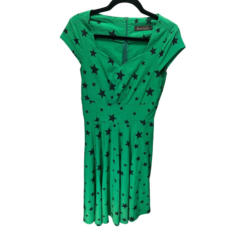 GownTown Dress Women M Green Star Print Rockabilly Retro Sweetheart Cap‎ Sleeve